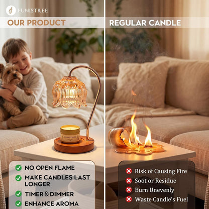 Funistree Flower Candle Warmer Lamp with Timer & Dimmer, Adjustable Height Candle Warmer, Christmas Birthday Gifts for Women Mom, House Warming New Home Decor, Wax Warmer with 2 Bulbs for Jar Candles