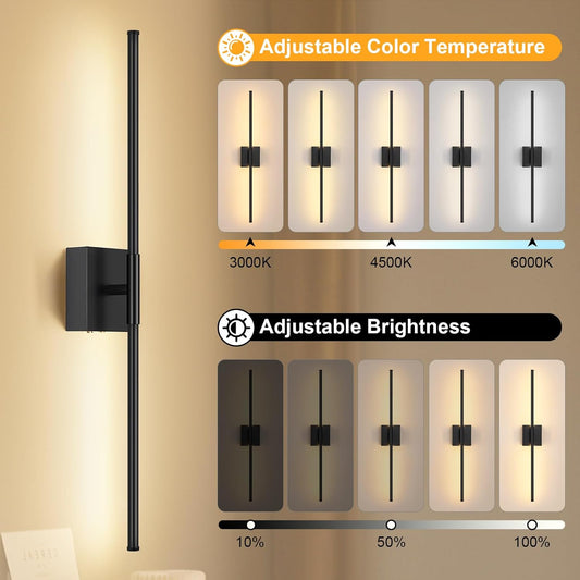 Battery Operated Wall Sconce Set of Two with Remote Control, 3000K-6000K Dimmable Black Wall Lights, Timable LED Wireless Wall Sconces, 350° Ratate for Bathroom, Living Room, Hallway 29.1 Inch