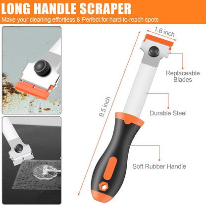 NECAMOCU 4 Pack Razor Blade Scraper, Includes 50 PCS Metal & Plastic Blades | Premium Razor Scraper Tool for Glass, Window, Cooktop, Countertop Cleaning & Sticker, Decal, Paint Removal (Orange)