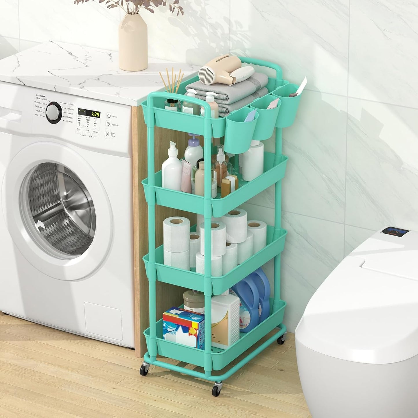 JIUYOTREE 4-Tier Plastic Rolling Storage Cart Utility Cart with Extra Hanging Cups Handles Lockable Wheels for Living Room Bathroom Kitchen Office White