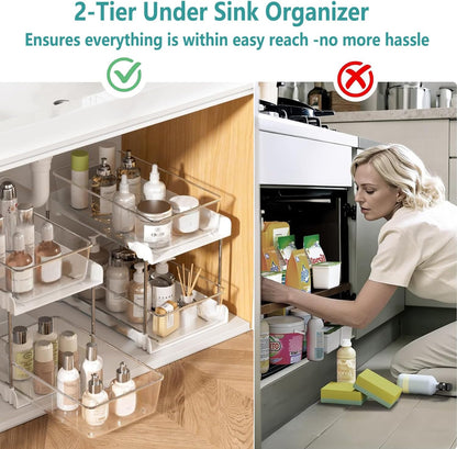 2 Pack Bathroom Organizer,2 Tier Blue Under Sink Organizers Vanity Countertop Storage Container,Cabinet Drawers Bins, Pull-Out Organization with Track for Pantry, Kitchen