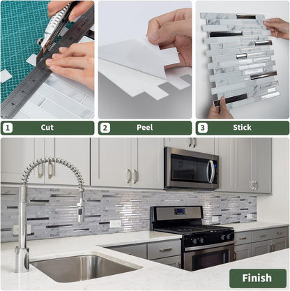 LONGKING 10-Sheet Extra Thick Peel and Stick Backsplash Tiles, Waterproof Kitchen Backsplash Peel and Stick Tile, Self-Adhesive Backsplash for Kitchen, Beige & White