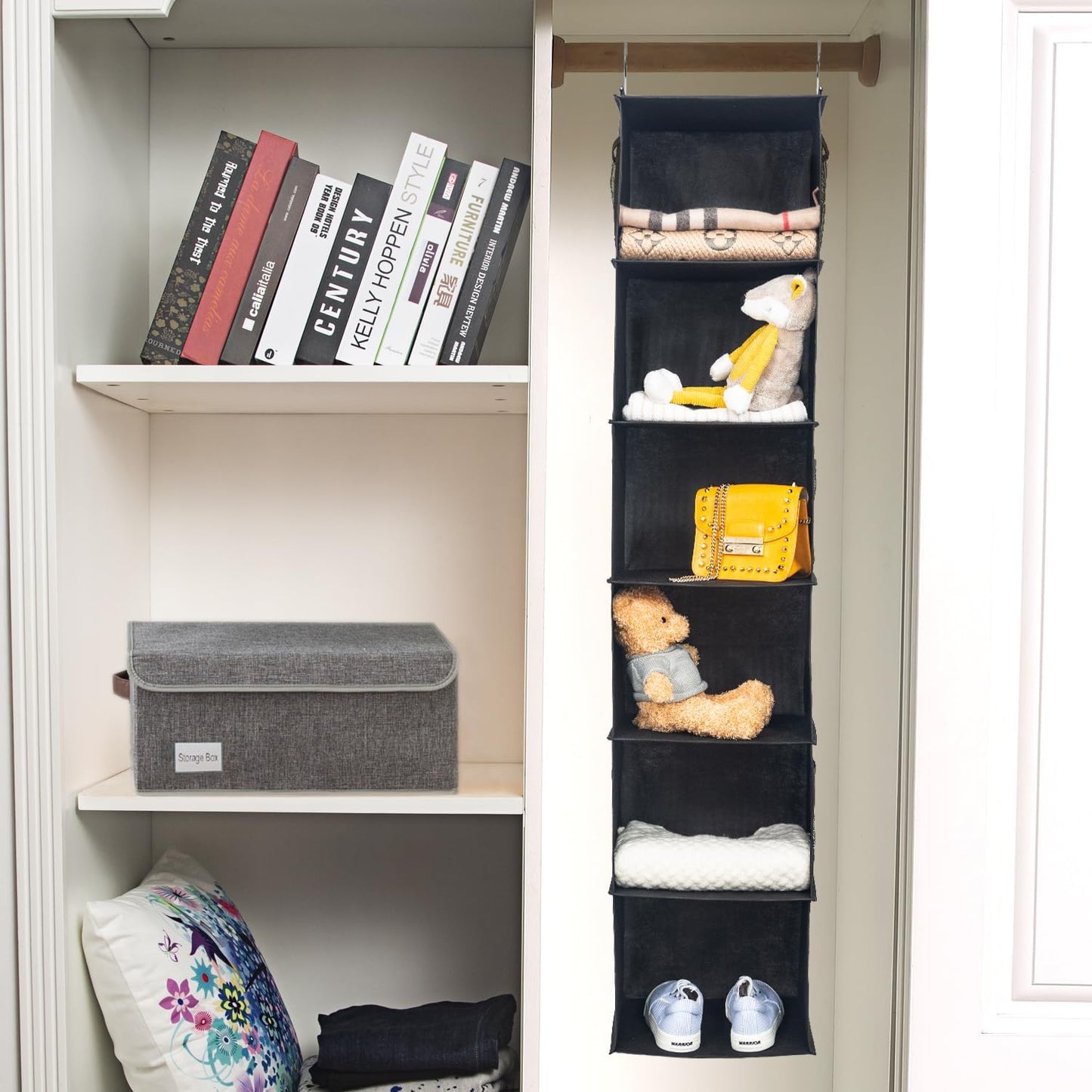 BrilliantJo 2 Pack Hanging Closet Organizer, 5 Shelves Hanging Storage with 6 Side Pockets for Clothes Shoes, 43"x12"x12"(Black)
