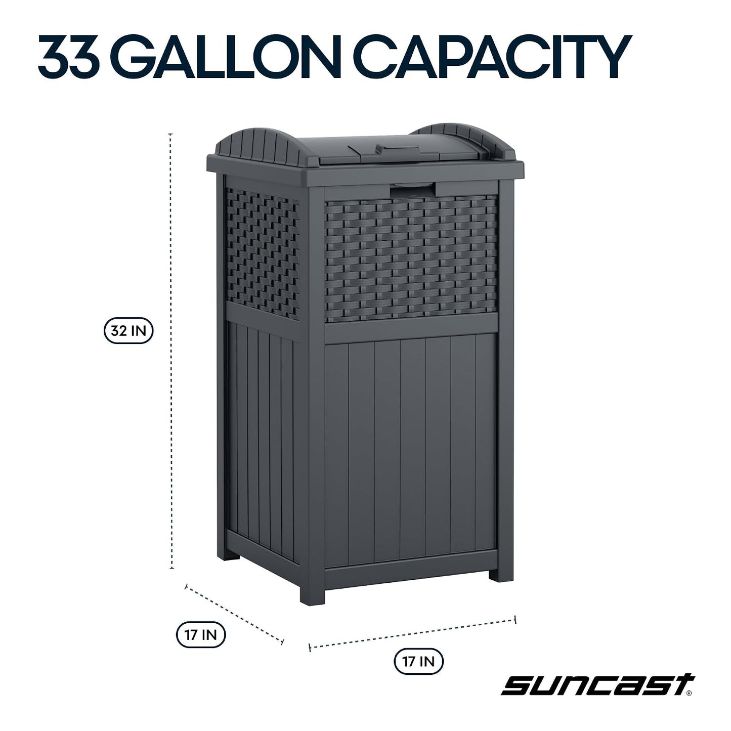 Suncast 33 Gallon Commercial Outdoor Trashcan Hideaway with Lid for 30 to 33 Gallon Trash Bags for Garage, Backyard, or Garden, Brown
