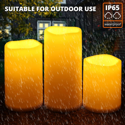 NURADA Large Waterproof Flameless Candles 6" 8" 10" x 4" - Outdoor Indoor LED Pillar Flickering Candle Battery Operated with Timer Remote for Patio Porch Lanterns - Ivory White Set of 3