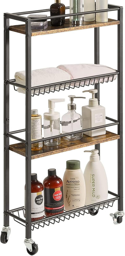YMYNY Kitchen Storage Rolling Cart 4 Tier on Wheels Rustic Brown HBR002H | for Narrow Spaces, Laundry Room, Dining Room, Bathroom, 32.7" H Shelving Unit with Mesh Baskets