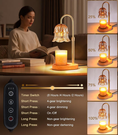 Candle Warmer Lamp Adjustable Timer - Electric Flower Glass Candles Warmers Adjustable Height Dimmable Vintage Base Modern Wax Candles Top Warmers for Small Jar Scented Wax Melts