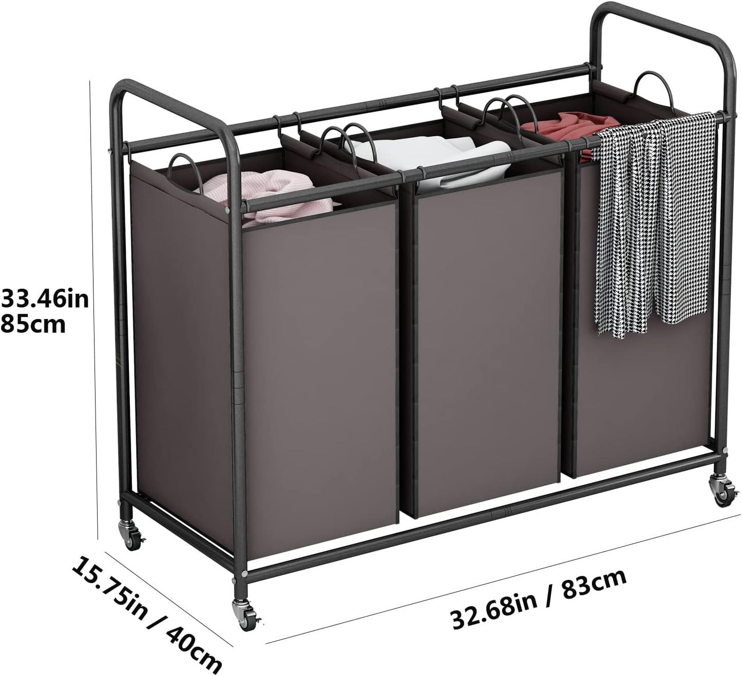 LINZINAR 3-Bag Laundry Hamper, Black Laundry Basket, 35.6 Gal(135 L) Laundry Sorter Cart Laundry Room Organization with Heavy Duty Rolling Lockable Wheels and Removable Bags