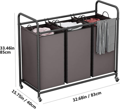 LINZINAR 3-Bag Laundry Hamper, Black Laundry Basket, 35.6 Gal(135 L) Laundry Sorter Cart Laundry Room Organization with Heavy Duty Rolling Lockable Wheels and Removable Bags