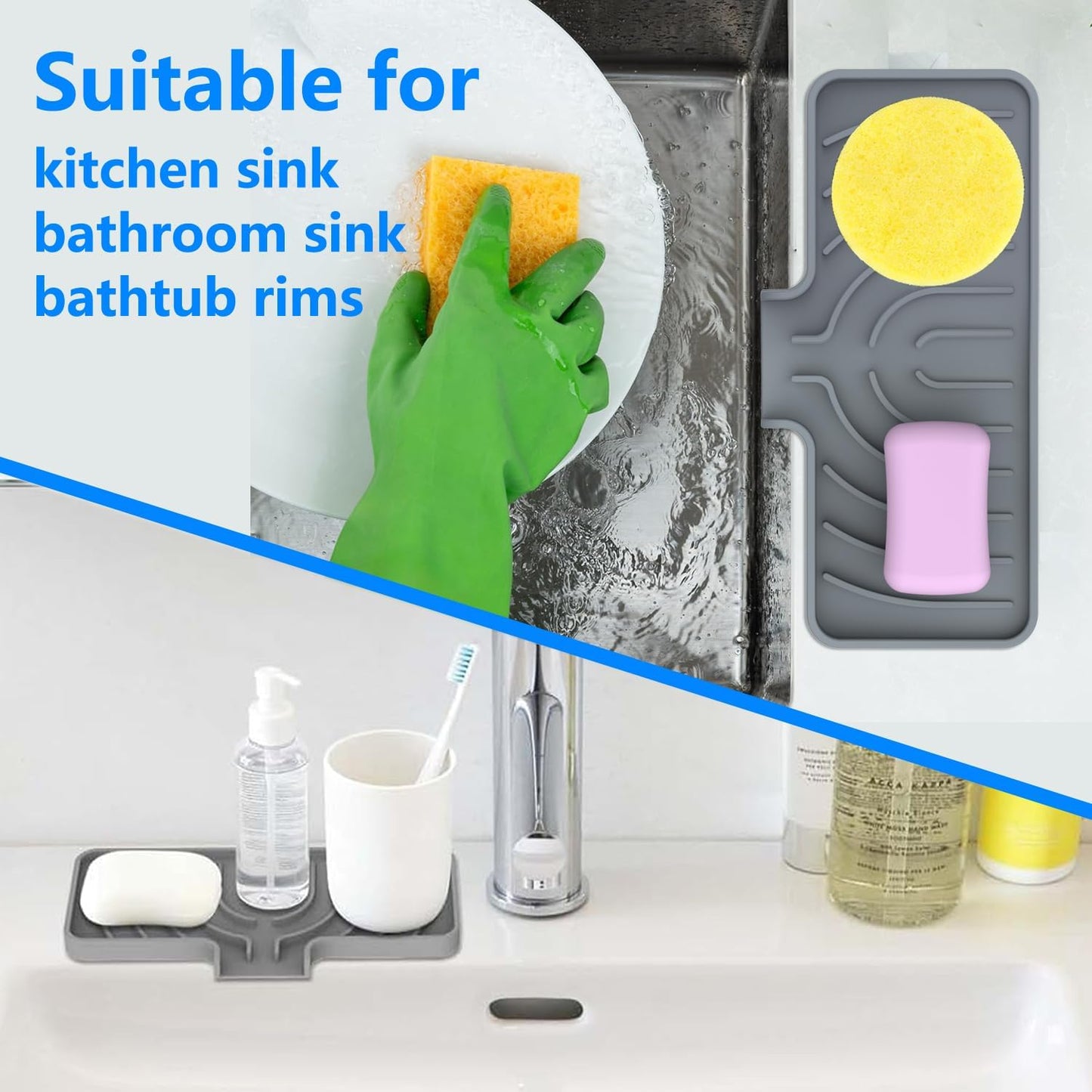 Sponge Holder for Kitchen Sink, Dish Sponge Holder & Soap Tray with Drain, Bathroom Sink Sponge Drying Rack & Perfect Organizer for Dispenser,Bottle,Cup on Sinks or Counter(8"x 4"Gray)