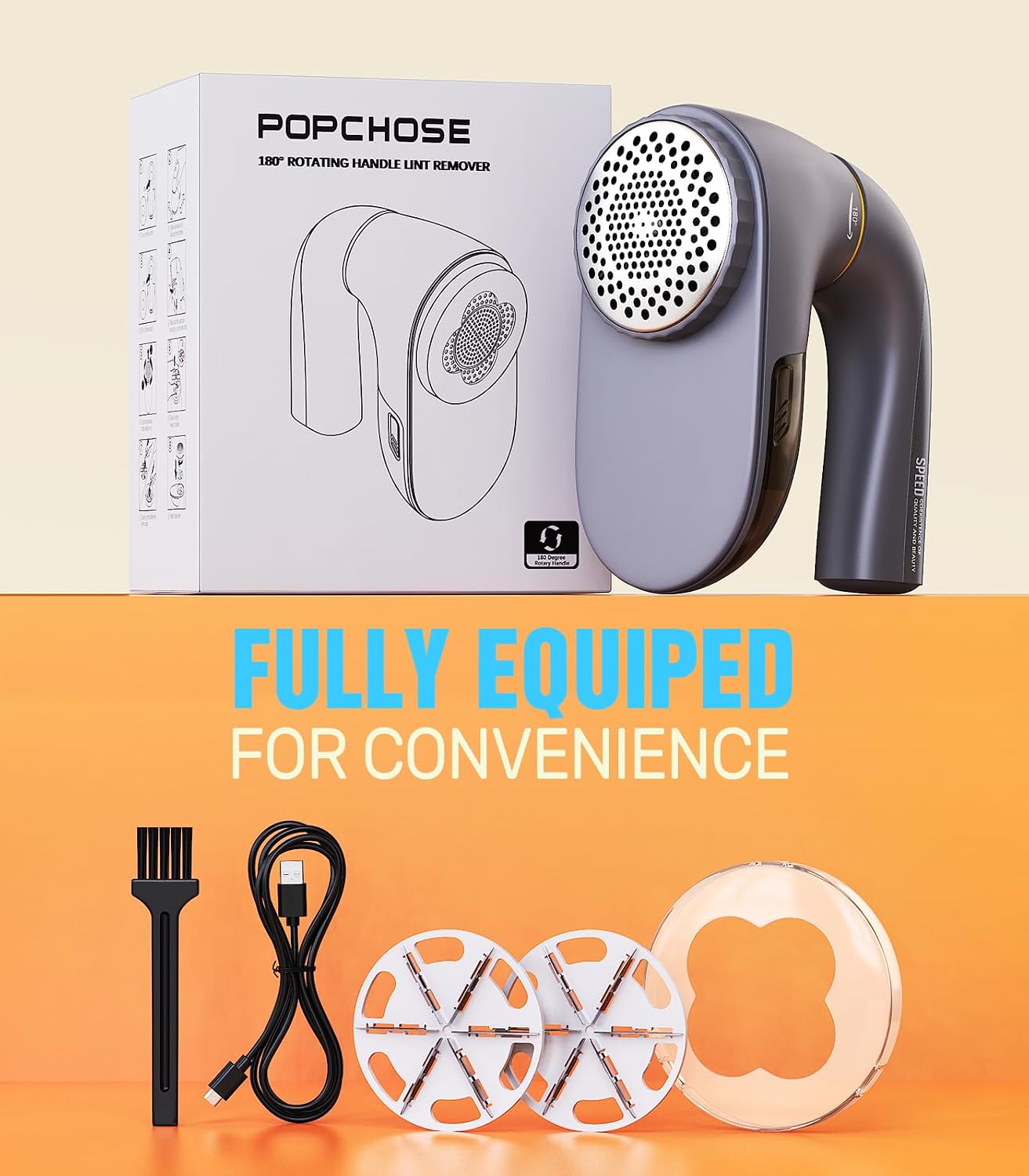 POPCHOSE Fabric Shaver, Lint Remover for Clothes, Lint Shaver with 6-Leaf Blades & 2 Speed, 2000mAh Rechargeable, Sweater Shavers to Remove Pilling, Electric Lint Remover for Couch, Furniture, Fuzz