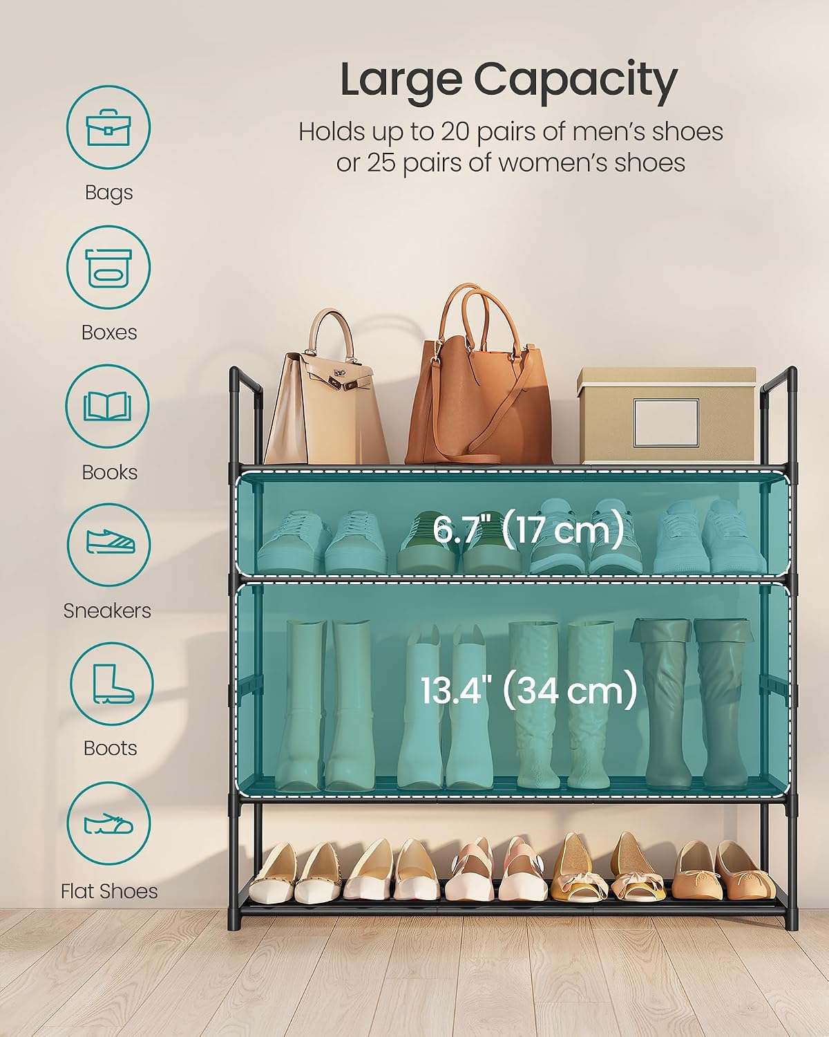 SONGMICS Shoe Rack, 6-Tier Shoe Organizer, Metal Storage Shelf, Upright or Upside Down, for 24-30 Pairs, Stackable, for Entryway, 11.8 x 36.2 x 42.7 Inches, Black ULSA306BH01