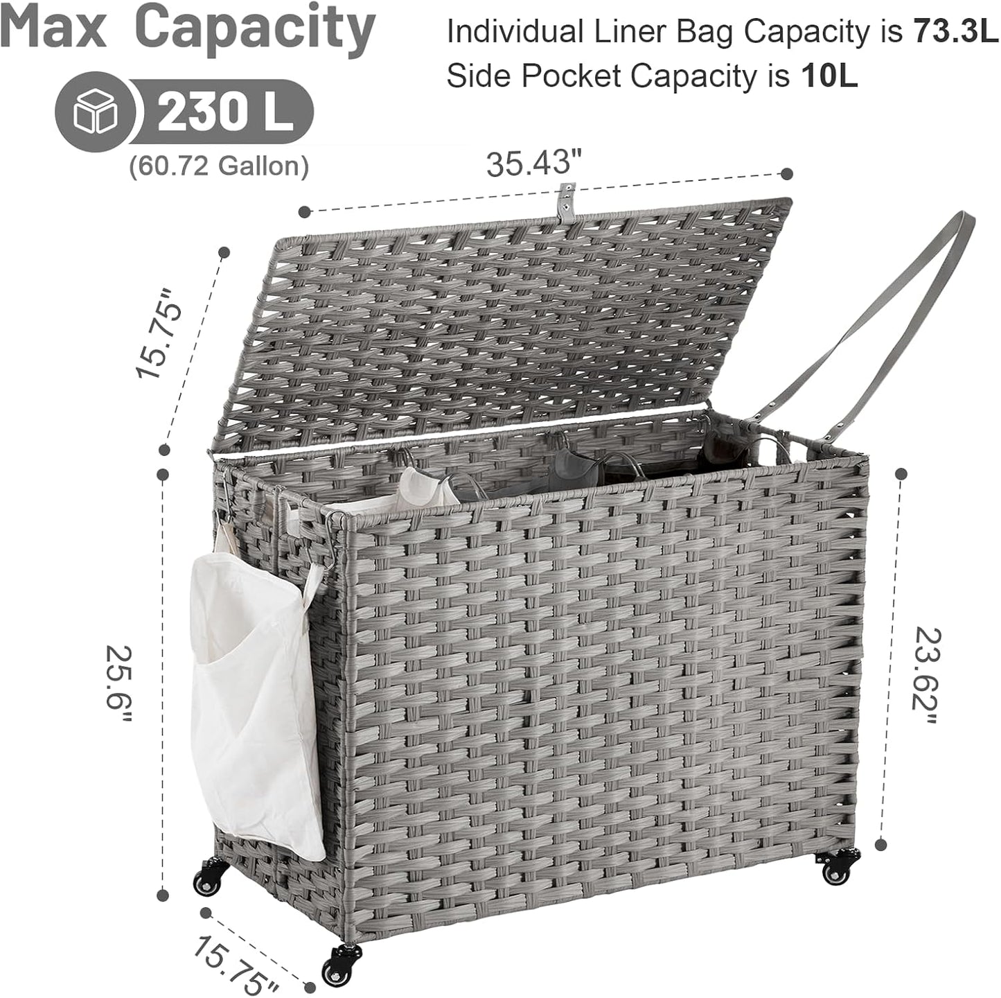 Laundry Hamper with Wheels, 52.8 Gallon(200L) Rolling Laundry Basket with Lid, Removable Large 3 Color Liners & 3 Mesh Laundry Bags, Clothes Hamper with Side Pocket, Natural