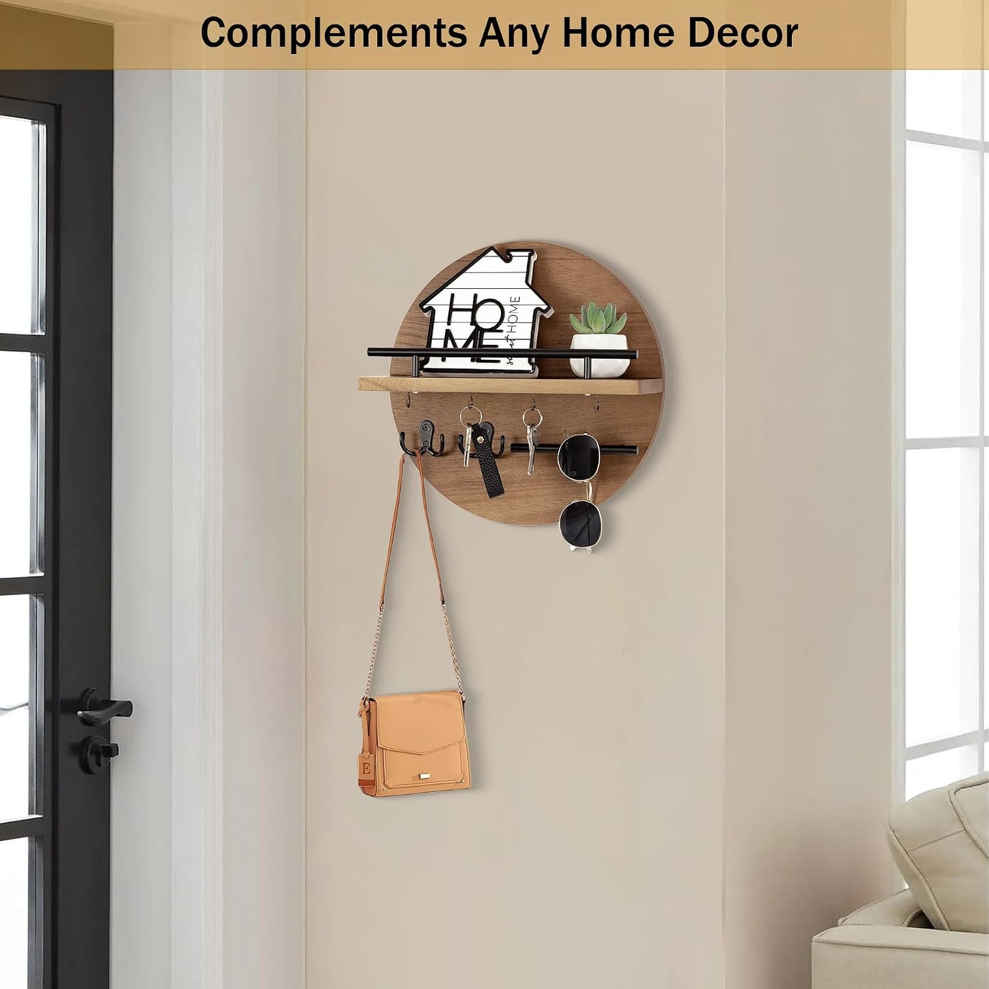 dreampossible Key Holder for Wall Decorative with Shelf and Hooks, Mail Organizer Wall Mount, Circular Design Entryway Key Rack Hanger, Rustic Home Decor (Black)