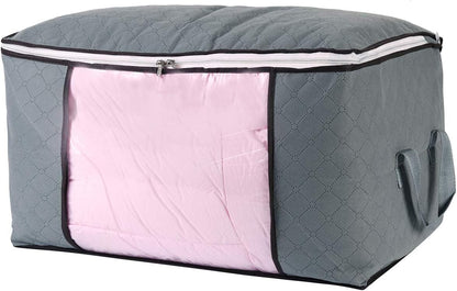 combocube Comforter Storage Bag, Zippered Bag with Large Clear Window and Carry Handles, Space Saver Organizers for Closet, Blanket, Pillow, Quilt, Bedding, Clothes (2Pcs Grey Large)