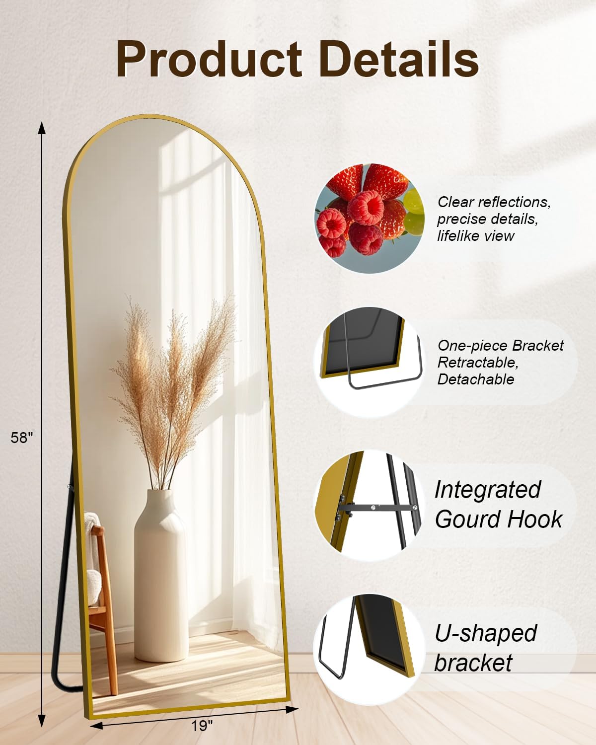 59"x16" Floor Mirror Full Length, Arched Full Length Mirror with Stand, Full Body Mirrors for Bedroom Living Room or Cloakroom Gold