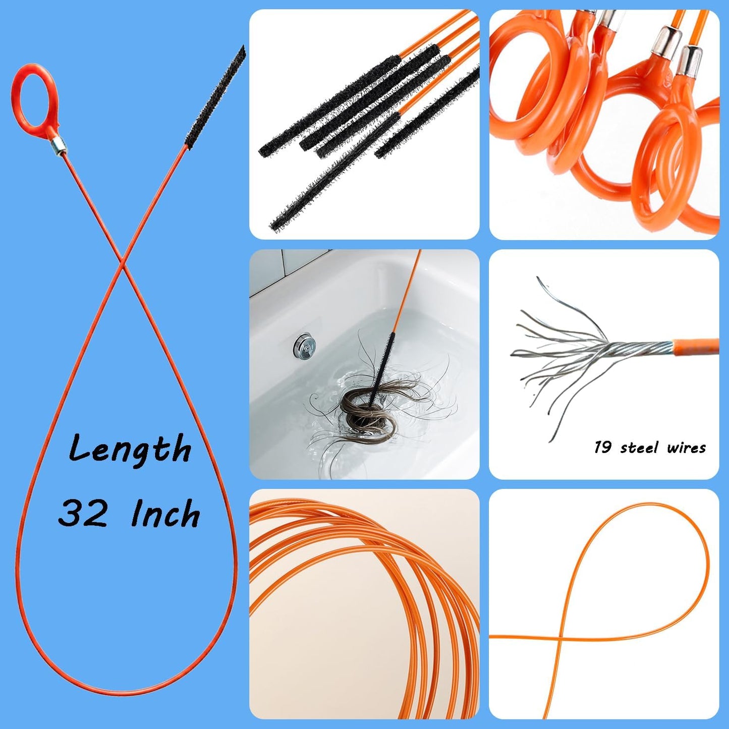 Drain Snake Hair Clog Remover, 61 Inch Flexible Plumbing Toilet Snake, Plastic Drain Hair Remover Tool for Shower, Bathtub, Kitchen, Wash Basin and Utility Sink Drain Cleaner