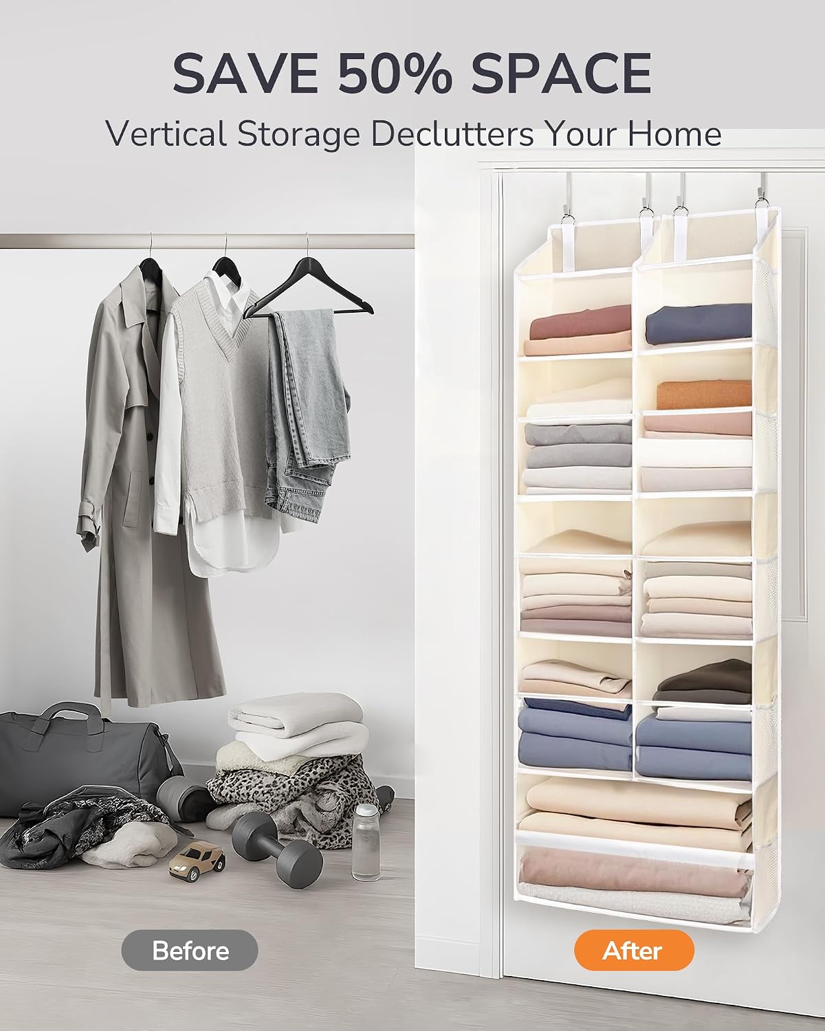 ULG Over the Door Organizer, 5-Tier Extra Large Hanging Storage with 10 Mesh Pockets, 100 lbs Capacity, Heavy Duty Door Organizer for Closet, Bedroom, Nursery Storage, Beige