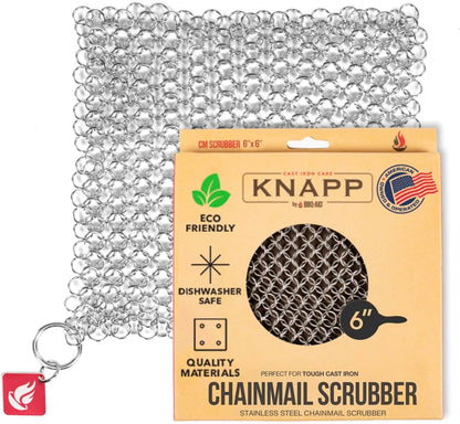 Knapp Made CM Scrubber 4" x 4" Small Ring Chainmail Cast Iron Scrubber, Premium Stainless Steel Mesh Cleaner for Pre-Seasoned Pans, Dutch Ovens, Grills and Skillets