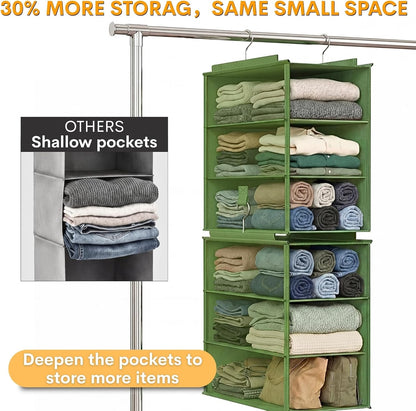 Extra Deep Hanging Closet Organizers and Storage, 2 Pack 3-Shelf | Separable Hanging Shelves with Linen Texture, Foldable & Space-Saving, For Clothes, Handbags, Hats, Closet, Dorm, RV, Green