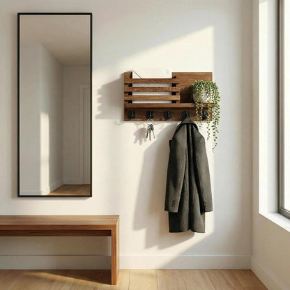 Wall Key Hook, Mail Organizer with 5 Metal Key Hooks, Decorative Key Rack Wall Mount, Tung Wood, 11.8 x 6.7 inches, Includes mounting Hardware (Brown)