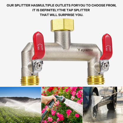 Garden Hose Splitter, 3/4” Rust and Freeze Resistant Outdoor Hose Manifold with 2 Red Extra Long Handles Faucet Adapter-Heavy Duty Brass Nickel Plated 2-Way Valve