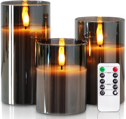 Homemory Green Glass Flameless Candles, Battery Operated LED Pillar Candles with Remote Control and Timer, Radiance Candles, Real Wax, Set of 3,D3 xH4 5" 6"