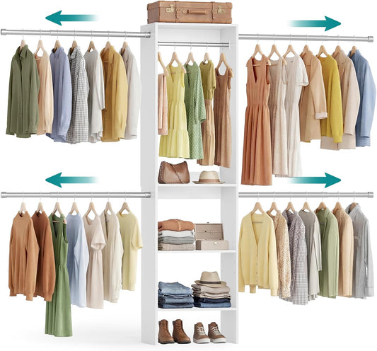 SONGMICS Closet System, Customizable Walk-In Closet Organizer System with Adjustable Hanging Rods and Storage Shelves, White, Fits Spaces 4-9.6 ft URGR040WZ01S