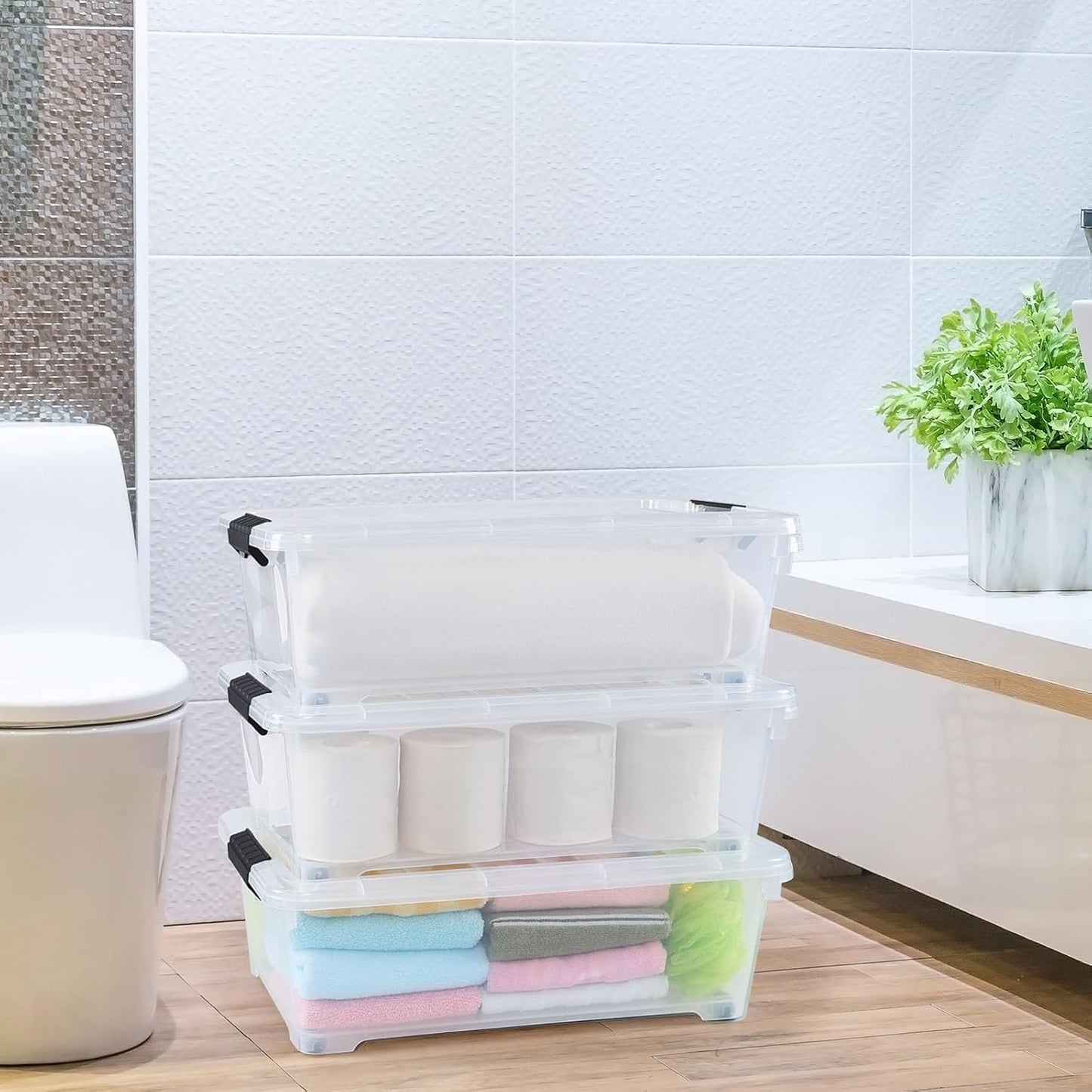 4 Pack 20 L Under Bed Plastic Latch Storage Totes with Wheels, Clear | Clear Under Bed Containers, Stackable Plastic Storage Bin with Lids for Garage, Closet, and Classroom