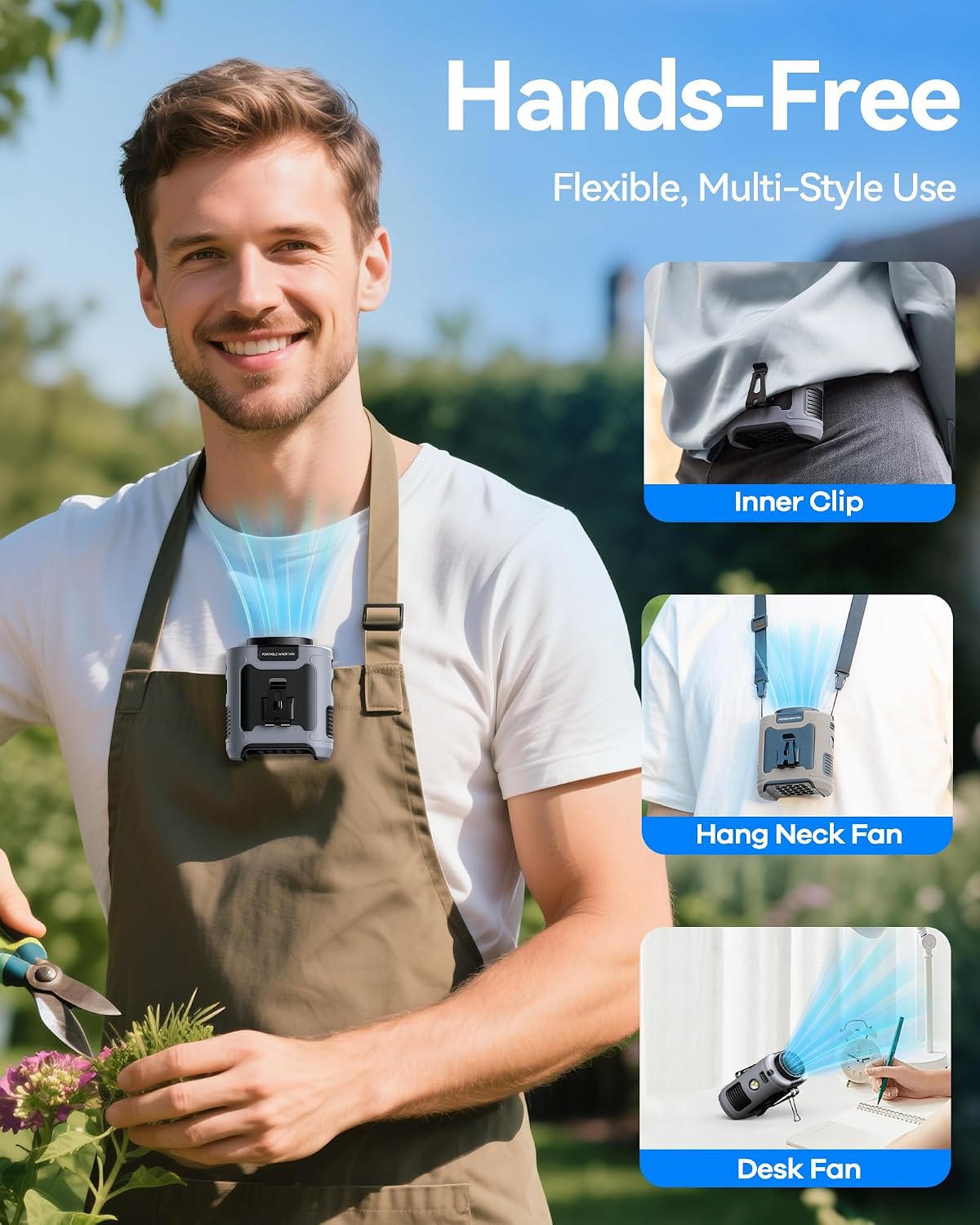 Portable Waist Fan 10000mAh Clip on Fan Belt Personal Fan with Rechargeable Battery operated, Flashlight & 5 Speeds Neck Hands-Free 40H Cooling for Summer/Outdoor/Camping/Travel（Grey）