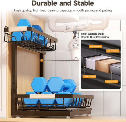 Sevenblue 2-Pack 2-Tier Height Adjustable Under Sink Organizer & Storage | Multi-purpose storage for kitchen & bathroom cabinet. Large black shelf, height adjustable design for space-saving.