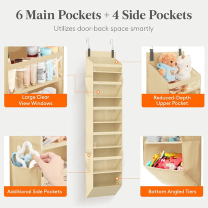 Lifewit 1 Pack Over the Door Organizer, 5 Section Clear Window Hanging Storage with 4 Side Pockets, Sturdy Anti Tilt 40 lbs Load Behind Door for Closet, Bedroom, Bathroom, Nursery, Dorm, Dark Gray