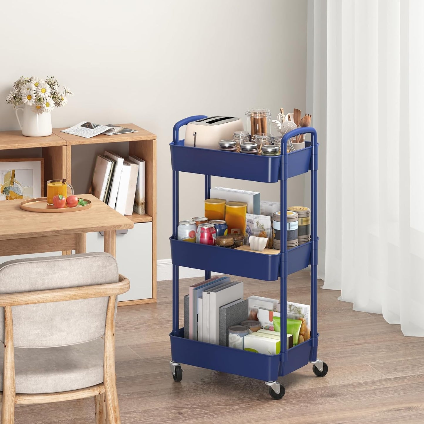 Sywhitta 4-Tier Plastic Rolling Utility Cart with Handle, Multi-Functional Storage Trolley for Office, Living Room, Kitchen, Movable Storage Organizer with Wheels, Black