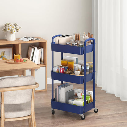 Sywhitta 4-Tier Plastic Rolling Utility Cart with Handle, Multi-Functional Storage Trolley for Office, Living Room, Kitchen, Movable Storage Organizer with Wheels, Black