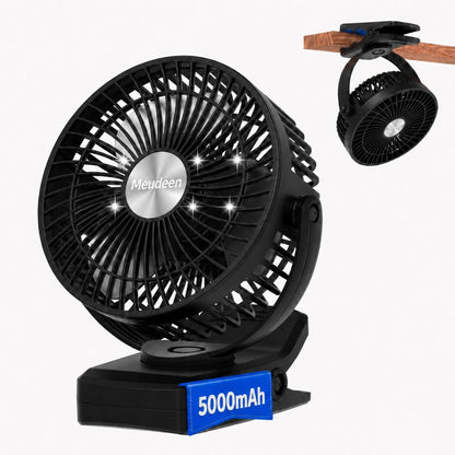 Meudeen 5000mAh Rechargeable Clip on Fan - 6 Inch Portable Fan - with Timer & LED Lantern - Battery Powered Golf Cart Fan - 5 Speeds Quiet Small Desk Fan for Camping - Stroller - Bedroom