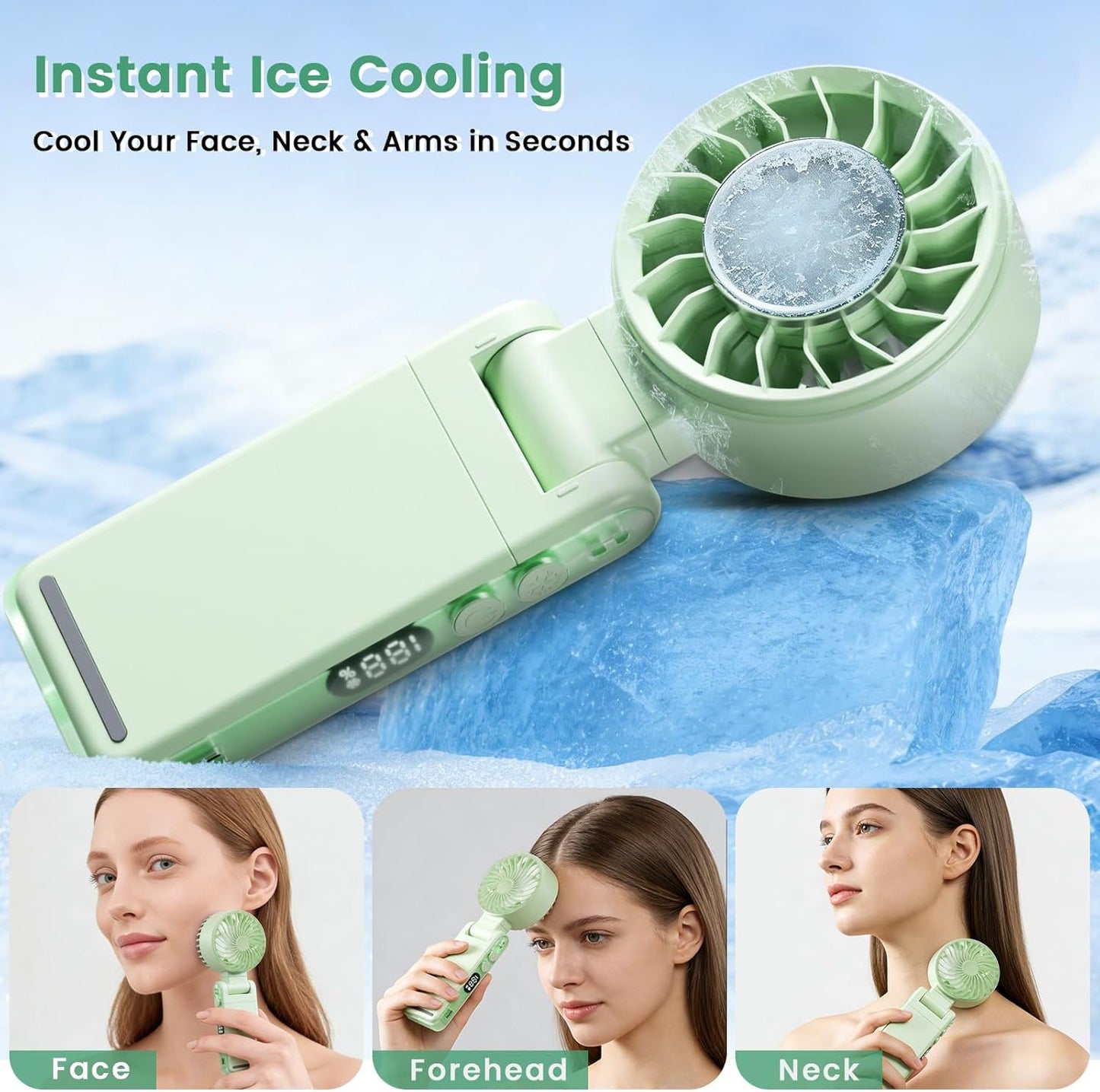 4-IN-1 Clip-On Portable Fan Rechargeable Handheld Mini Fan with lce Cooler,5 Gear High Speed 360° Rotatable Small Fans, for Outdoor, Travel, Beach, and Office (Green)