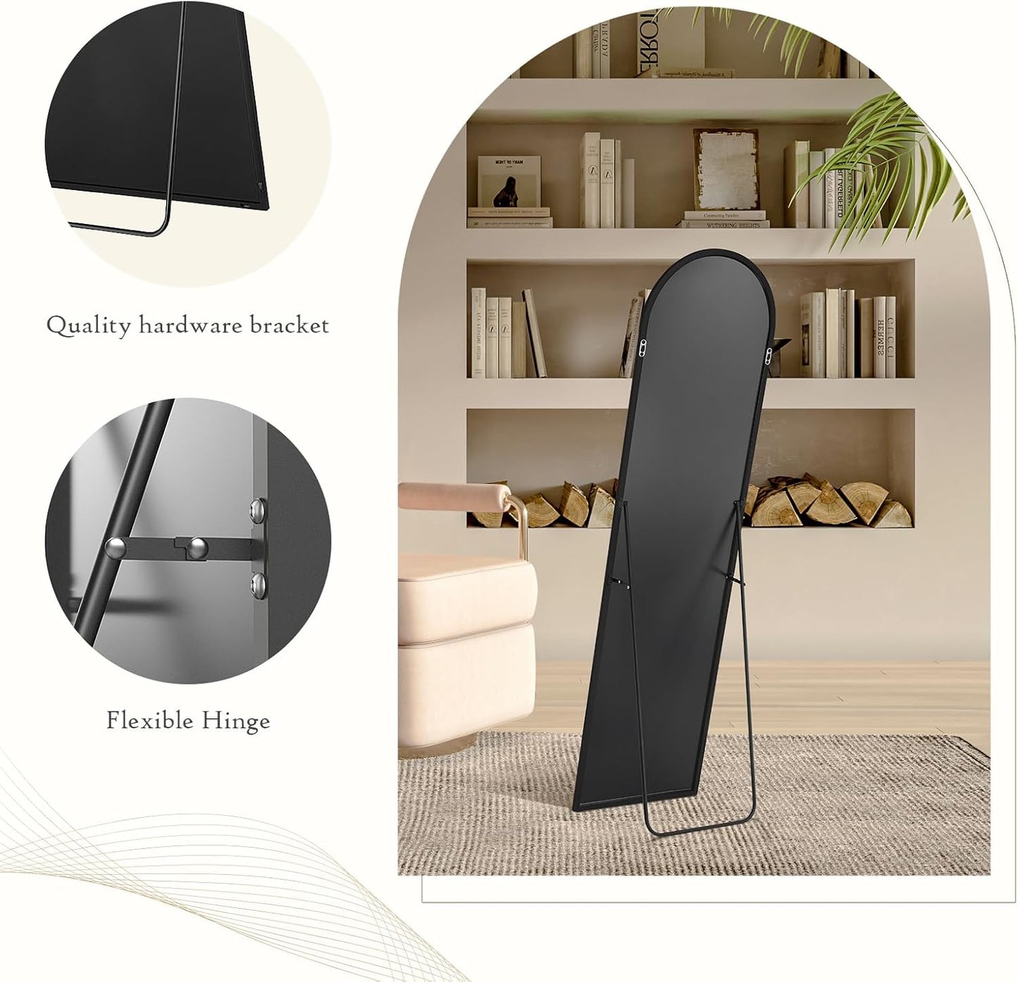 59"x16" Arched Full Length Mirror, Full Body Mirror with Leaning or Standing, Floor Standing Aluminum Frame for Bedroom, Livingroom, Cloakroom, Black