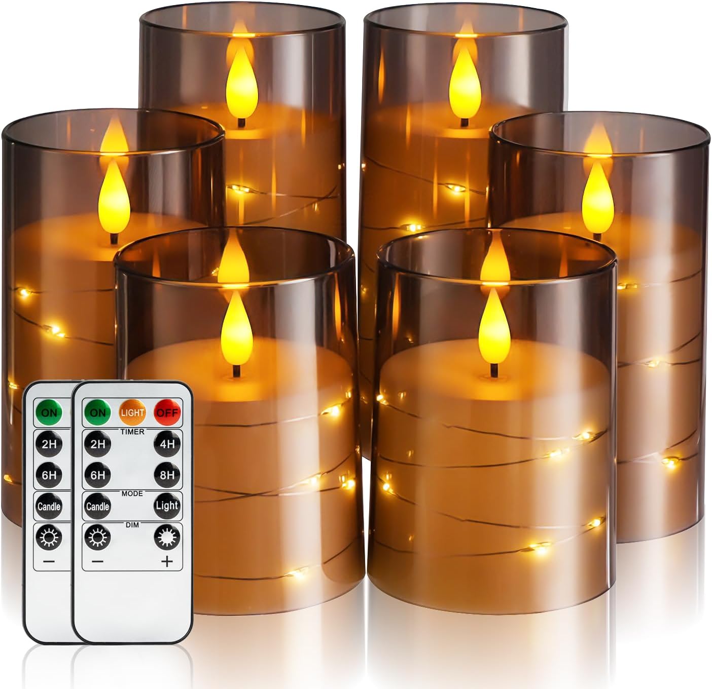 Amagic Red Flameless Candles 3 Set, Flickering Battery Operated Candles Embedded Fairy String Light, Realistic Pillar Candle with Remote Control and Timer, Acrylic, D3 x H4 5" 6"