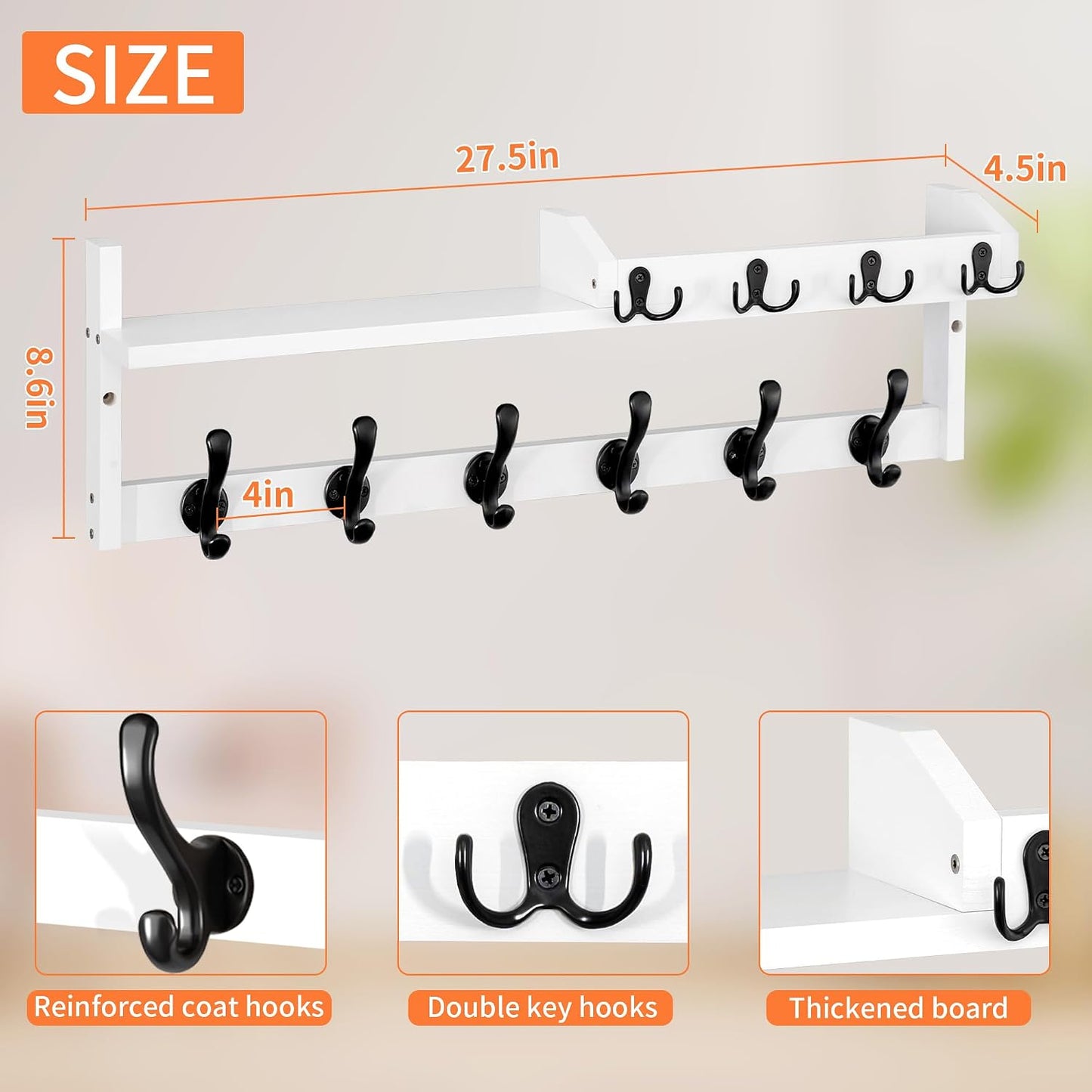 Coat Rack Wall Mount with Shelf, 27.5" Entryway Wall Hanging Shelf, Coat and Key Hanger with 10 Dual Hooks, Mail Organizer and Key Holder Hat Rack for Wall, Wood Coat Hooks with Storage