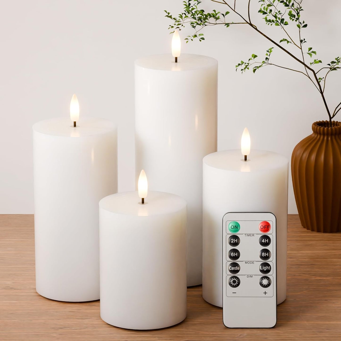 Flickering Flameless Candles, Real Wax Battery Operated Candles with Remote, Flat Top Led Flameless Pillar Candles for Home, Wedding, Party Decor, Set of 4, Φ 3" H 4" 5" 6" 8", Ivory
