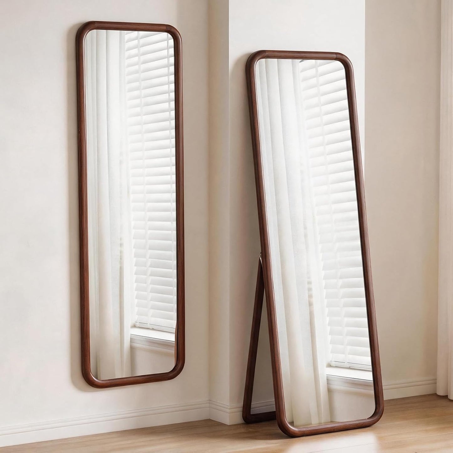 Anwick Full Length Floor Mirror Wood Frame Standing Mirror Walnut 63 in | Solid Wood Frame, Clear Float Glass, Adjustable Stand or Wall Mount, Rounded Walnut Finish for Bedroom or Dressing Room