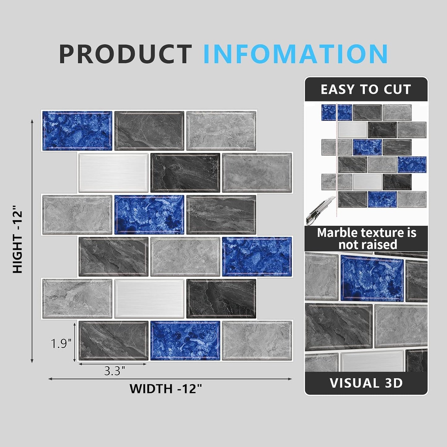 URCOLOR 10-Sheet Subway Tile Peel and Stick Backsplash for Kitchen,12"x12" Self Adhesive Wall Tiles Sticker on Back Splashes for Bathroom Gray Marble Design