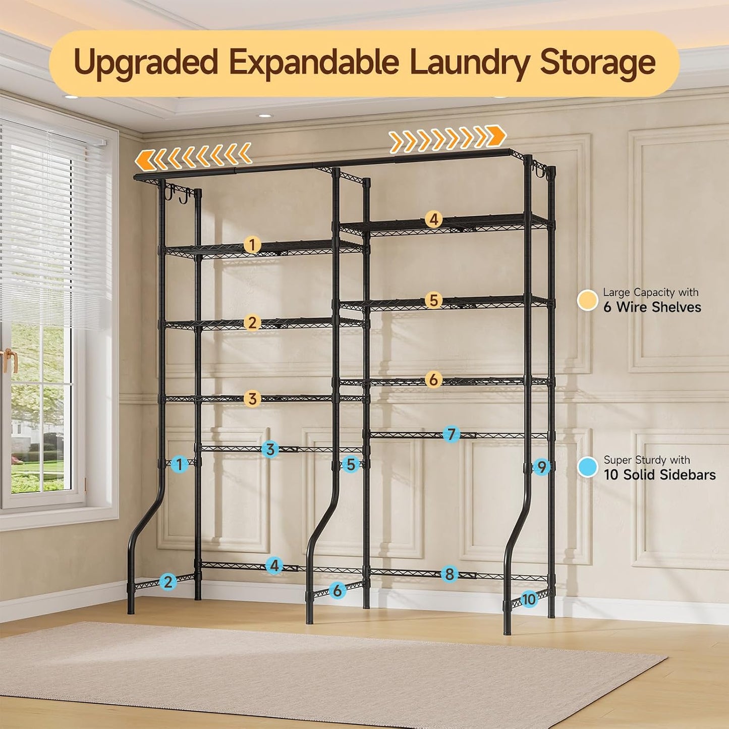 ONBRILL Expandable Over Washer and Dryer Shelves, 6 Tiers Laundry Room Organization and Storage with 2 Hanger Rods, 4 Hooks, Adjustable Height Metal Freestanding Clothes Drying Rack, Black
