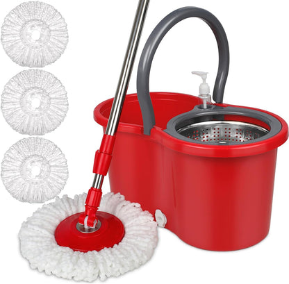 Spin Mop and Bucket with Wringer Set, 360° Spinning Mop Bucket System with 3 Microfiber Mop Replacement Heads and 61" Stainless Steel Adjustable Handle for Floor Cleaning