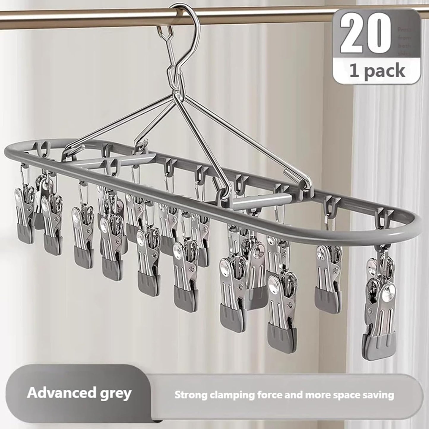 Clothes Drying Rack with 20 Clips, Hanging Laundry Hanger Dryer Rack, Stainless Steel Sock Dryer Clip for Home Camping Accessory Portable Outdoor Sock