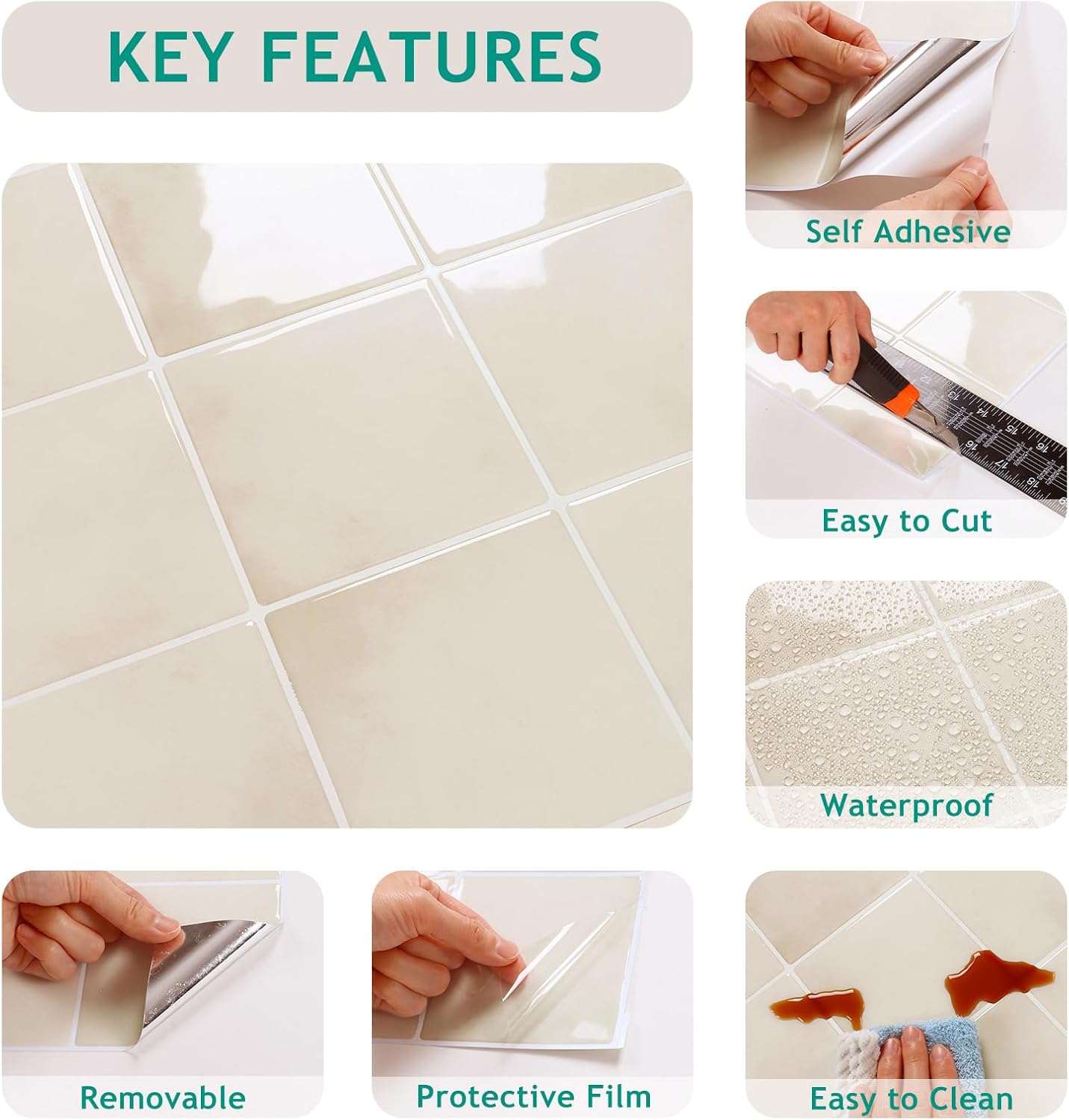 VEELIKE Cream Beige Peel and Stick Backsplash for Kitchen Square Peel and Stick Tile Backsplash 6 Sheets Self Adhesive Back Splash Tiles for Bathroom Waterproof Ceramic Wall Tile Stickers 12''x12''