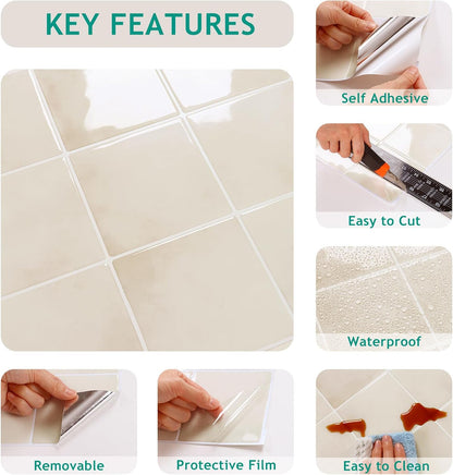 VEELIKE Cream Beige Peel and Stick Backsplash for Kitchen Square Peel and Stick Tile Backsplash 6 Sheets Self Adhesive Back Splash Tiles for Bathroom Waterproof Ceramic Wall Tile Stickers 12''x12''