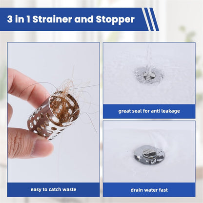 Universal Bathroom Sink Drain Strainer Hair Catcher, Brushed Nickel | Upgraded with Removable Stainless Steel Filter Basket, 3 in 1 Pop Up Sink Stopper for 1.1''~2.36'' Sink Basin Hole