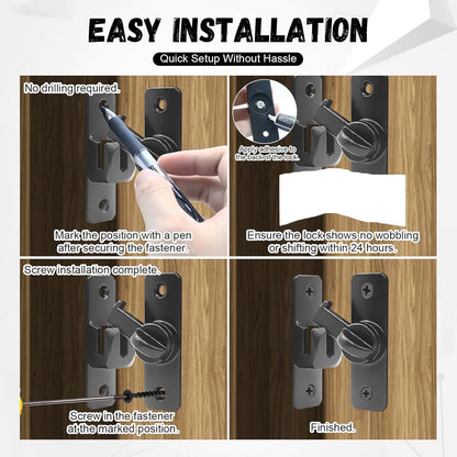 No Drill Barn Door Lock – 90/180 Degree Flip Latch for Sliding Doors, Child & Pet Safety, Easy Installation with Adhesive Pad, Heavy Duty Zinc Alloy (Black) ﻿