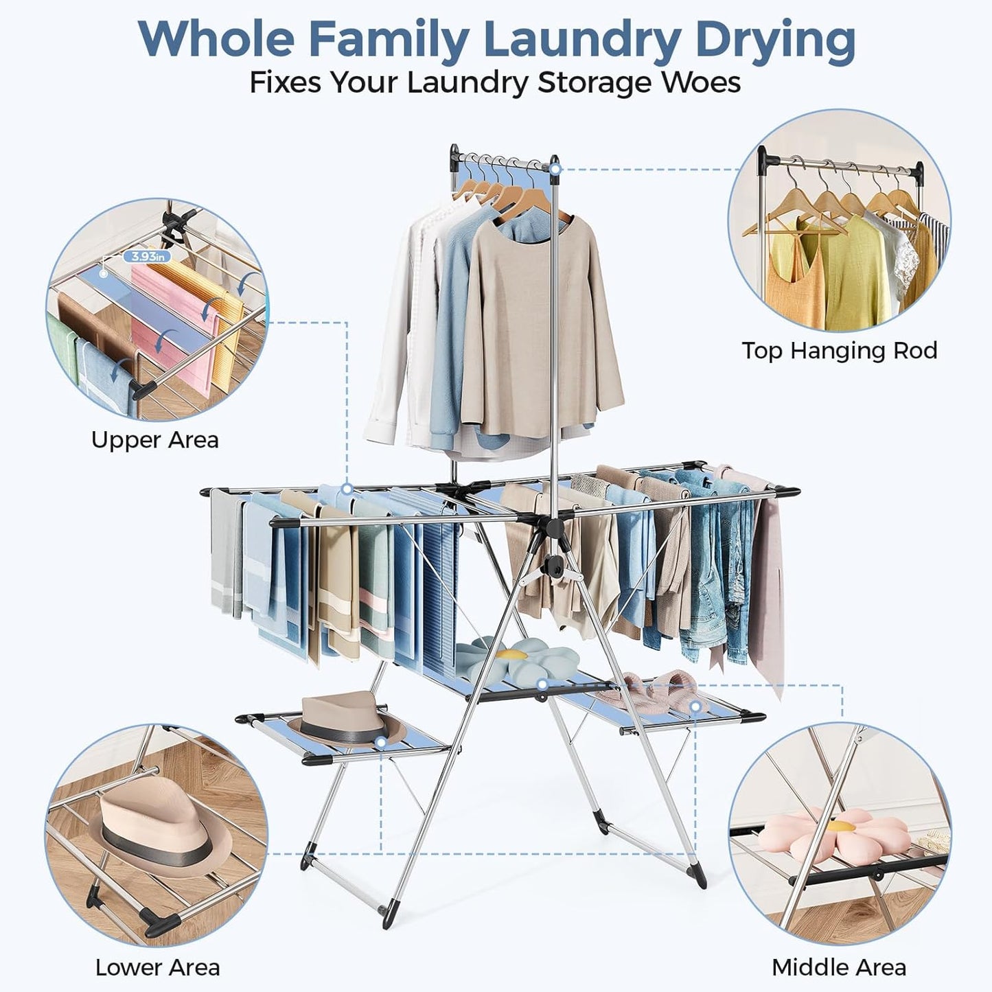 APEXCHASER Clothes Drying Rack with High Hanger, Foldable 3-Level Drying Racks with Shoe Rack, Crossbar and Vertical Rod Laundry Stand with Adjustable Wings Silver